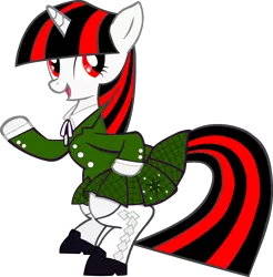 Size: 1006x1024 | Tagged: safe, artist:barrfind, derpibooru import, editor:icy shake, oc, oc:blackjack, unofficial characters only, pony, unicorn, fallout equestria, fallout equestria: project horizons, fanfic, bipedal, clothes, dress, fanfic art, female, hooves, horn, looking at you, mare, open mouth, school uniform, simple background, solo, transparent background