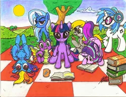 Size: 2205x1700 | Tagged: safe, artist:artponymdp, derpibooru import, derpy hooves, rainbow dash, spike, starlight glimmer, trixie, twilight sparkle, twilight sparkle (alicorn), vinyl scratch, alicorn, pony, book, counterparts, eating, female, food, lineart, magical trio, mare, muffin, picnic, twilight's counterparts