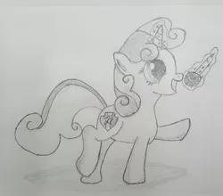 Size: 2381x2100 | Tagged: artist:darelith, cute, cutie mark, derpibooru import, diasweetes, magic, microphone, monochrome, open mouth, pencil drawing, safe, singing, solo, sweetie belle, the cmc's cutie marks, traditional art