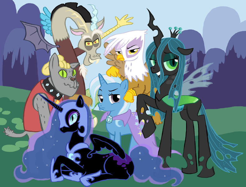 Size: 4619x3508 | Tagged: safe, artist:elenaboosy, derpibooru import, discord, gilda, nightmare moon, queen chrysalis, rover, trixie, diamond dog, gryphon, pony, unicorn, absurd resolution, alternate mane six, antagonist, antagonist six, cute, cutealis, discute, female, gildadorable, group shot, mane six opening poses, mare, moonabetes