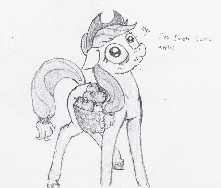 Size: 1706x1452 | Tagged: safe, artist:paskanaakka, derpibooru import, applejack, pony, applebuck season, mismatched eyes, mlp rewind art challenge, monochrome, silly, silly pony, sketch, solo, thousand yard stare, traditional art, who's a silly pony