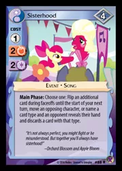 Size: 358x500 | Tagged: safe, derpibooru import, apple bloom, big macintosh, earth pony, pony, brotherhooves social, ccg, crossdressing, enterplay, male, marks in time, merchandise, orchard blossom, quote, stallion