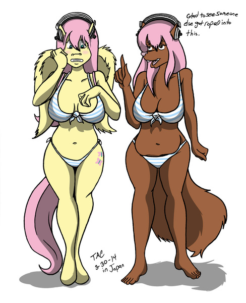 Size: 1042x1280 | Tagged: anthro, artist:sailoranna, big breasts, bikini, breasts, busty fluttershy, clothes, derpibooru import, female, fluttershy, furry, headphones, non-mlp oc, oc, oc:rayne, suggestive, swimsuit, unguligrade anthro