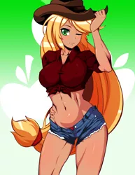 Size: 2550x3300 | Tagged: abs, applejack, artist:reddgeist, belly button, breasts, busty applejack, clothes, cowboy hat, daisy dukes, derpibooru import, female, front knot midriff, hat, haystick, human, humanized, midriff, panties, shorts, solo, solo female, stetson, suggestive, underwear, wink