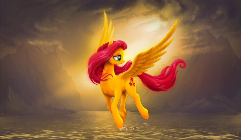 Size: 2850x1660 | Tagged: artist:empalu, beautiful, cloud, derpibooru import, fluttershy, flying, looking away, mountain, safe, scenery, scenery porn, solo, spread wings, water, windswept hair, windswept mane