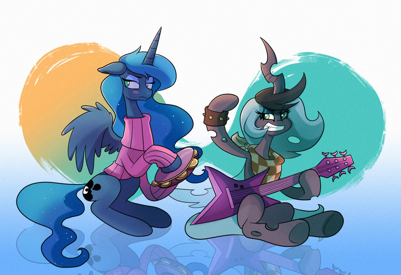 Size: 1280x876 | Tagged: accessory swap, artist:jokerpony, ask teen chrysalis, blushing, clothes, derpibooru import, guitar, musical instrument, princess luna, queen chrysalis, safe, sweater, tambourine, turtleneck