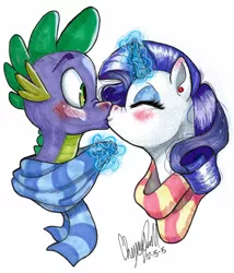 Size: 1280x1493 | Tagged: safe, artist:whisperseas, derpibooru import, rarity, spike, blushing, clothes, cute, eyes closed, female, glowing horn, kissing, magic, male, older, older spike, scarf, shipping, signature, sparity, straight, traditional art, watermark
