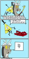 Size: 1000x2024 | Tagged: grimdark, artist:timsplosion, derpibooru import, discord, pegasus, pony, bill cipher, blood, comic, comics, crossover, dialogue, gravity falls, kill me, looking at each other, smiling