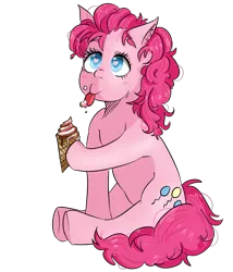 Size: 1809x2118 | Tagged: safe, artist:kawaiifishu, derpibooru import, pinkie pie, blushing, food, heart eyes, hoof hold, ice cream, ice cream cone, simple background, solo, tongue out, transparent background, wingding eyes