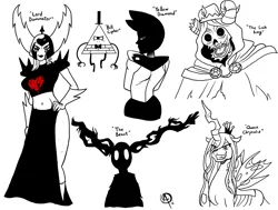 Size: 2338x1764 | Tagged: adventure time, antagonist, artist:chillguydraws, belly button, bill cipher, breasts, crossover, derpibooru import, female, gravity falls, hand on hip, hips, jake the dog, legs, lich king, lord dominator, midriff, over the garden wall, queen chrysalis, steven universe, suggestive, the beast, villainess, wander over yonder, yellow diamond (steven universe)