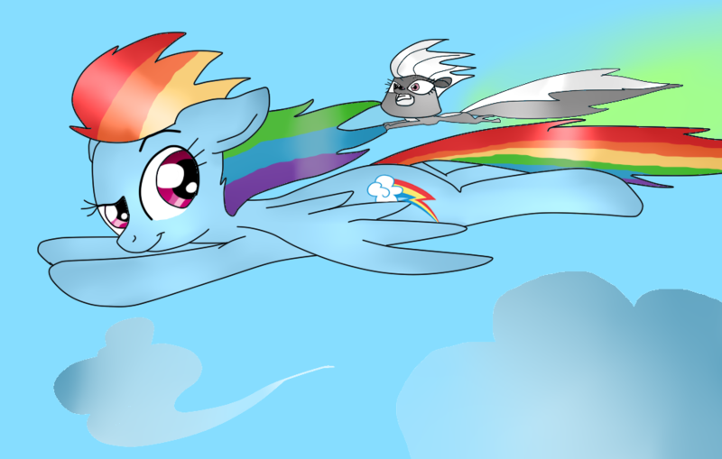 Size: 1024x651 | Tagged: artist:abrilelizabeth, artist:rmsaun98722, crossover, derpibooru import, female, flying, littlest pet shop, my littlest pet shop: escape from equestria, pepper clark, rainbow dash, safe, skunk, skunk spray, smell