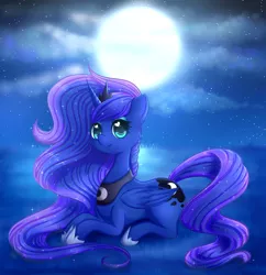 Size: 1280x1323 | Tagged: dead source, safe, artist:fluffymaiden, derpibooru import, princess luna, alicorn, pony, cloud, cute, female, full moon, heart eyes, lunabetes, mare, moon, night, prone, sky, solo, starry night, stars, wingding eyes