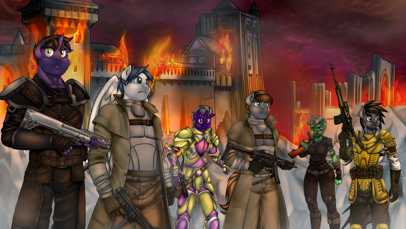 Size: 1024x579 | Tagged: anthro, armor, artist:pia-sama, derpibooru import, fallout equestria, fire, gun, oc, oc:comet, oc:dart, oc:dusk light, oc:meteor shower, oc:steeljack, oc:strike, safe, unofficial characters only, weapon