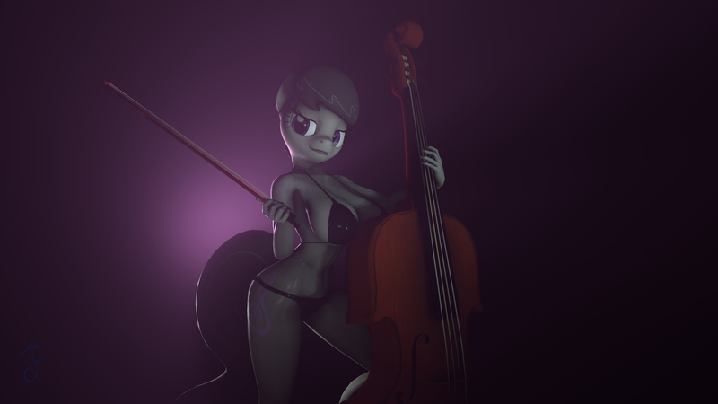 Size: 2000x1125 | Tagged: 3d, anthro, artist:hooves-art, belly button, big breasts, bikini, breasts, busty octavia, cello, cleavage, clothes, derpibooru import, female, midriff, musical instrument, octavia melody, pinup, sideboob, solo, solo female, source filmmaker, suggestive, swimsuit