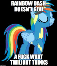 Size: 500x571 | Tagged: artist:noobiestbrony, black background, derpibooru import, eyes closed, frown, gritted teeth, image macro, meme, mouthpiece, no fucks, rainbow dash, raised hoof, safe, simple background, solo, vulgar, wonderbolts uniform