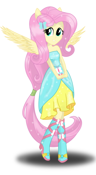 Size: 1621x2940 | Tagged: safe, artist:deannaphantom13, derpibooru import, fluttershy, equestria girls, bare shoulders, boots, fall formal outfits, high heel boots, ponied up, ponytail, sleeveless, solo, strapless