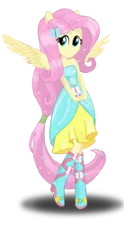 Size: 1621x2940 | Tagged: safe, artist:deannaphantom13, derpibooru import, fluttershy, equestria girls, bare shoulders, boots, fall formal outfits, high heel boots, ponied up, ponytail, sleeveless, solo, strapless