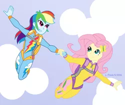 Size: 950x800 | Tagged: safe, artist:wom-bat, derpibooru import, fluttershy, rainbow dash, equestria girls, friendship games, clothes, commission, falling, holding hands, jumpsuit, parachute, skydiving