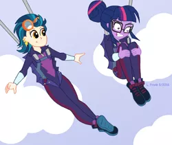 Size: 950x800 | Tagged: safe, artist:wom-bat, derpibooru import, indigo zap, sci-twi, twilight sparkle, equestria girls, friendship games, clothes, commission, falling, glasses, jumpsuit, panic, parachute, skydiving