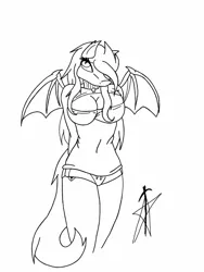 Size: 768x1024 | Tagged: artist needed, suggestive, derpibooru import, oc, oc:ace spade, unofficial characters only, anthro, bat pony, breasts, cleavage, clothes, digital art, female, lineart, mare, monochrome, rule 63, solo, solo female, sweater, wip