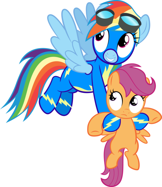 Size: 3260x3754 | Tagged: safe, artist:spellboundcanvas, derpibooru import, rainbow dash, scootaloo, pony, newbie dash, carrying, duo, flying, holding a pony, simple background, transparent background, vector, wonderbolts uniform