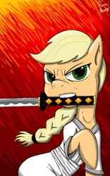 Size: 2800x4500 | Tagged: absurd resolution, applejack, artist:fiercewendigo, cartoon network, clothes, crossover, derpibooru import, mouth hold, raised hoof, safe, samurai, samurai applejack, samurai jack, signature, solo, sword, weapon