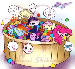 Size: 1024x939 | Tagged: safe, artist:shikimaakemi, derpibooru import, applejack, fluttershy, pinkie pie, rainbow dash, rarity, twilight sparkle, twilight sparkle (alicorn), alicorn, pony, ball pit, female, mare, my little squishy, obtrusive watermark, watermark