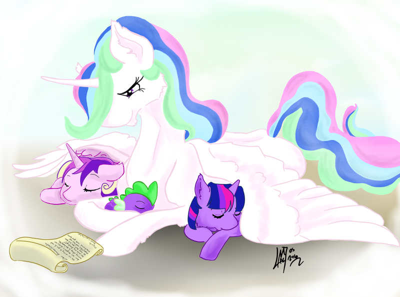 Size: 2040x1515 | Tagged: safe, artist:firimil, derpibooru import, princess cadance, princess celestia, spike, twilight sparkle, aunt and niece, auntlestia, cuddling, cute, cutedance, cutelestia, momlestia, snuggling, spikabetes, spread wings, teacher and student, twiabetes, wing blanket