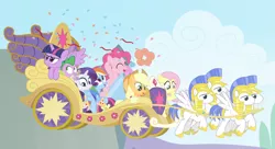 Size: 1650x900 | Tagged: safe, artist:dm29, derpibooru import, applejack, fluttershy, pinkie pie, rainbow dash, rarity, spike, twilight sparkle, twilight sparkle (alicorn), alicorn, pony, alcohol, chariot, cider, confetti, female, mane seven, mane six, mare, party cannon, royal guard, twilight is not amused, twimobile, unamused