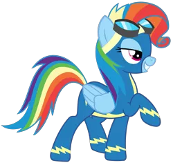 Size: 2603x2491 | Tagged: artist:sketchmcreations, clothes, derpibooru import, goggles, inkscape, newbie dash, rainbow dash, rainbow fash, raised hoof, safe, simple background, solo, transparent background, vector, wonderbolts uniform