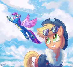 Size: 803x741 | Tagged: safe, artist:jowybean, derpibooru import, applejack, twilight sparkle, twilight sparkle (alicorn), alicorn, earth pony, pony, twijack weekly, bomber jacket, female, flying, goggles, lesbian, mare, shipping, sunglasses, twijack, wonderbolts uniform