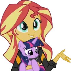 Size: 620x619 | Tagged: safe, artist:stacyhirano34, derpibooru import, sunset shimmer, twilight sparkle, pony, equestria girls, cute, female, holding a pony, lesbian, my little pony, shimmerbetes, shipping, simple background, sunsetsparkle, tiny ponies, transparent background, twiabetes, vector