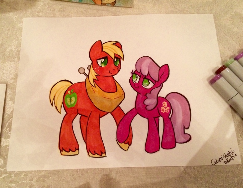 Size: 1280x990 | Tagged: safe, artist:dawnfire, derpibooru import, big macintosh, cheerilee, earth pony, pony, cheerimac, colored pupils, eye contact, holding hooves, looking at each other, male, marker, marker drawing, markers, photo, shipping, signature, simple background, stallion, straight, traditional art, white background