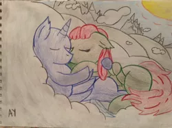 Size: 1200x896 | Tagged: safe, artist:dabom444, derpibooru import, oc, oc:maya heartstrings, oc:skydust, unofficial characters only, alicorn, pegasus, pony, alicorn oc, bald, cloud, colored pencil drawing, cuddling, dreadlocks, eyes closed, female, kissing, love, male, missing cutie mark, snuggling, straight, traditional art