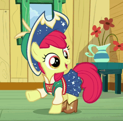 Size: 722x711 | Tagged: adorabloom, animated, apple bloom, boots, clubhouse, cowboy, cowboy boots, cowboy hat, crusaders clubhouse, cute, dancing, derpibooru import, feather, feather hat, hat, on your marks, safe, shoes, square dance, wink, yodeling