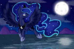 Size: 1024x683 | Tagged: artist:silent-shadow-wolf, derpibooru import, flying, lake, moon, night, princess luna, safe, solo, water