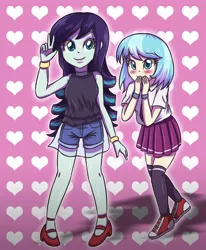 Size: 1024x1244 | Tagged: safe, artist:sumin6301, derpibooru import, coco pommel, coloratura, equestria girls, blushing, bracelet, clothes, cocobetes, cute, denim, equestria girls-ified, high heels, mary janes, pleated skirt, rara, rarabetes, see-through, shoes, shorts, skirt, socks, thigh highs, veil, zettai ryouiki