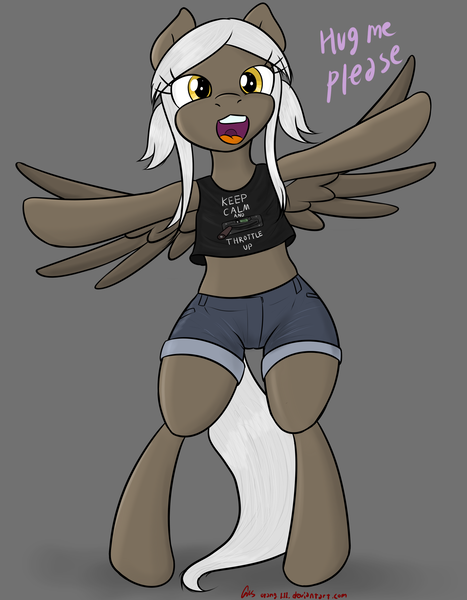 Size: 2333x3000 | Tagged: questionable, artist:orang111, derpibooru import, oc, oc:lynn, unofficial characters only, pegasus, pony, semi-anthro, bipedal, bronybait, cameltoe, clothes, keep calm and carry on, midriff, shorts, solo, tanktop