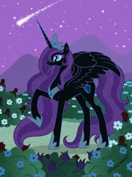 Size: 4492x6042 | Tagged: safe, artist:silverarrow87, derpibooru import, oc, oc:nyx, unofficial characters only, alicorn, pony, fanfic:past sins, absurd resolution, adult, alicorn oc, crown, flower, hoof shoes, jewelry, mountain, night, night sky, older, peytral, princess, raised hoof, regalia, shooting star, signature, slit pupils, smiling, solo, spread wings