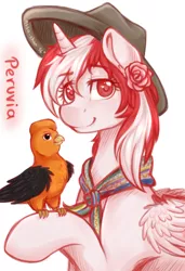 Size: 2050x3000 | Tagged: safe, artist:assa-chan, derpibooru import, oc, oc:princess peruvia, unofficial characters only, bird, flower, hat, heart eyes, solo, wingding eyes