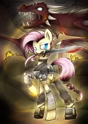 Size: 1280x1810 | Tagged: semi-grimdark, artist:jadekettu, derpibooru import, fluttershy, dragon, badass, blood, clothes, crossover, dovahkiin, dovahshy, flutterbadass, mouth hold, raised hoof, skyrim, sword, the elder scrolls, weapon