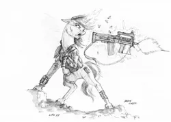 Size: 1280x910 | Tagged: safe, artist:baron engel, derpibooru import, oc, oc:littlepip, unofficial characters only, pony, unicorn, fallout equestria, fanfic, angry, assault rifle, black and white, clothes, fanfic art, female, glowing horn, grayscale, gun, horn, magic, mare, monochrome, oc-14 groza, pencil drawing, pipbuck, rifle, solo, telekinesis, traditional art, vault suit, weapon