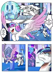 Size: 2480x3507 | Tagged: safe, artist:dormin-kanna, derpibooru import, princess flurry heart, shining armor, comic:chaotic wings, comic, crystal empire, cute, flurrybetes, flying, older, smiling, weapons-grade cute