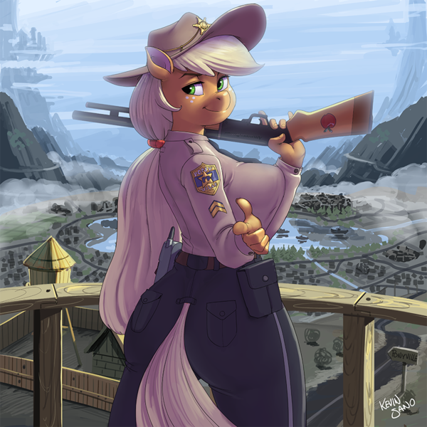 Size: 900x900 | Tagged: suggestive, alternate version, artist:kevinsano, derpibooru import, applejack, anthro, applebutt, big breasts, breasts, busty applejack, clothes, female, finger gun, guard tower, gun, hat, looking at you, looking back, patreon, police, police uniform, smiling, solo, tales from ponyville, trigger discipline, walkie talkie, weapon