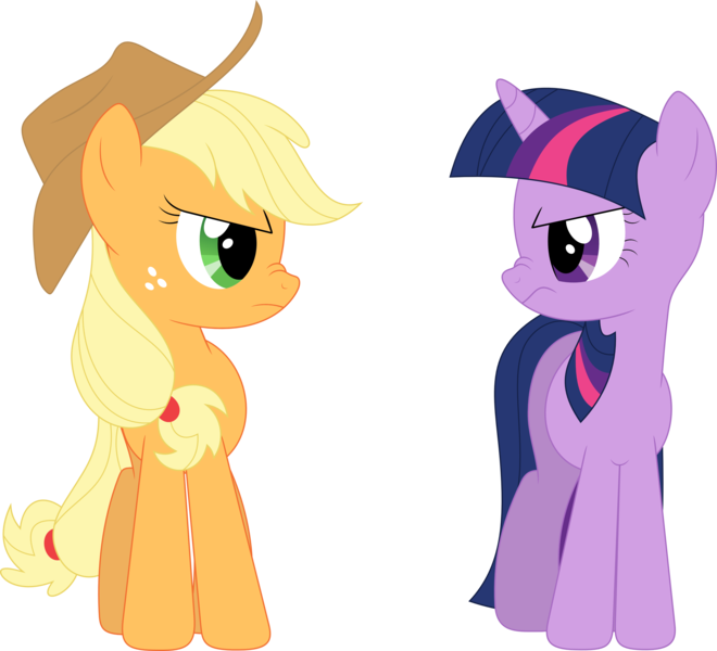 Size: 3584x3258 | Tagged: applejack, artist:porygon2z, derpibooru import, frown, nose wrinkle, safe, scrunch battle, simple background, suited for success, transparent background, twilight sparkle, vector