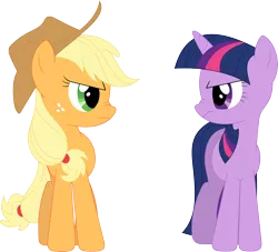 Size: 3584x3258 | Tagged: applejack, artist:porygon2z, derpibooru import, frown, nose wrinkle, safe, scrunch battle, simple background, suited for success, transparent background, twilight sparkle, vector