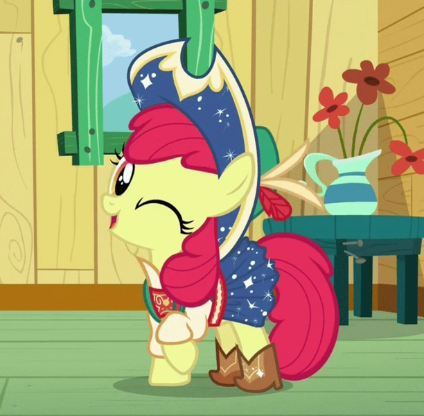 Size: 794x779 | Tagged: safe, derpibooru import, screencap, apple bloom, earth pony, pony, on your marks, adorabloom, boots, clubhouse, cowboy, cowboy boots, cowboy hat, crusaders clubhouse, cute, female, filly, hat, looking at you, one eye closed, open mouth, raised hoof, shoes, smiling, solo, wink