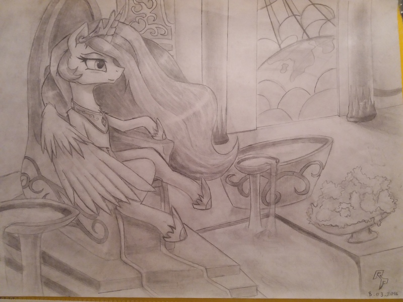 Size: 4128x3096 | Tagged: safe, artist:therainbowphoenix, derpibooru import, princess celestia, absurd resolution, grayscale, monochrome, sitting, solo, throne, traditional art, water