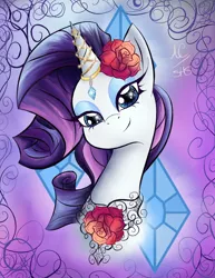 Size: 1024x1325 | Tagged: safe, artist:animechristy, derpibooru import, rarity, flower, flower in hair, horn jewelry, jewelry, solo