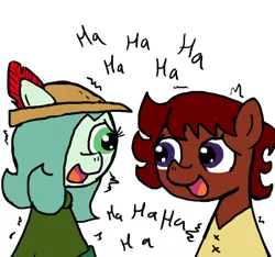 Size: 640x600 | Tagged: artist:ficficponyfic, artist:methidman, child, clothes, color, colored, color edit, colt, colt quest, derpibooru import, edit, female, femboy, filly, foal, hat, laughing, male, nervous grin, nervous laugh, oc, oc:emerald jewel, oc:ruby rouge, safe, tomboy, unofficial characters only